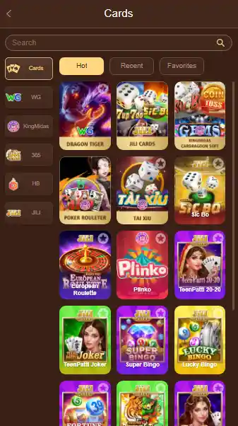 AV222 Game card games section showing teen patti poker roulette tai xiu and other casino style games on mobile app Pakistan 2026