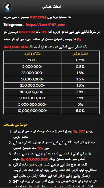 P67 Game referral system showing commission percentages and earning income table in Pakistan