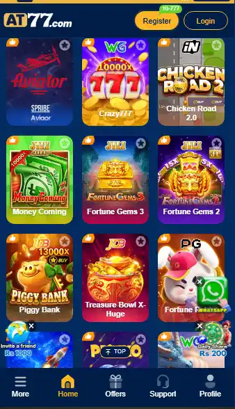 AT 77 GAME slot games screen showing Aviator, Crazy777, and earning game options on mobile app