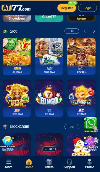 AT 77 GAME app interface showing slots games dashboard and earning options on mobile