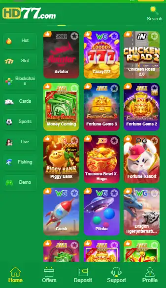 HD77 Game interface showing slots, card games and dashboard options on mobile in Pakistan