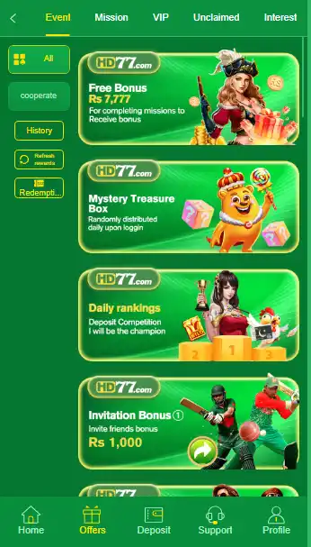HD77 Game rewards and events dashboard showing bonuses, missions and invitation rewards for users in Pakistan