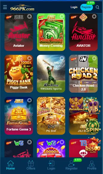 966PK Game app interface showing popular games like Aviator Money Coming Fortune Gems and Chicken Road in Pakistan