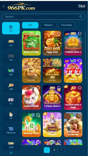 966PK Game multiple game categories interface showing slot games Money Coming Piggy Bank Fortune Gems and Olympus in Pakistan