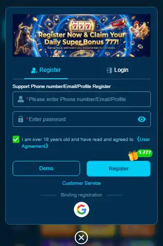 966PK Game register and login screen showing account signup form with phone number password and registration options in Pakistan