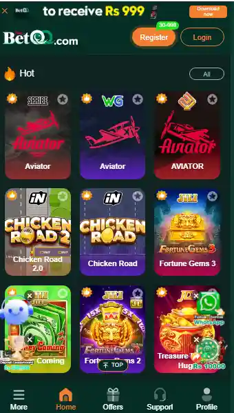 BETQ Game APK hot games section showing Aviator, Chicken Road, Fortune Gems and Money Coming slot games on mobile interface