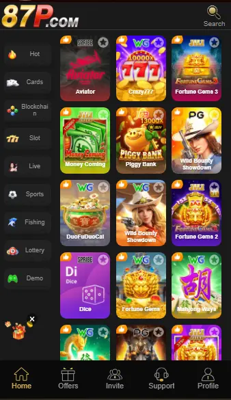 87P Game APK interface showing casino slot games like Aviator, Piggy Bank, Fortune Gems and Wild Bounty on Android