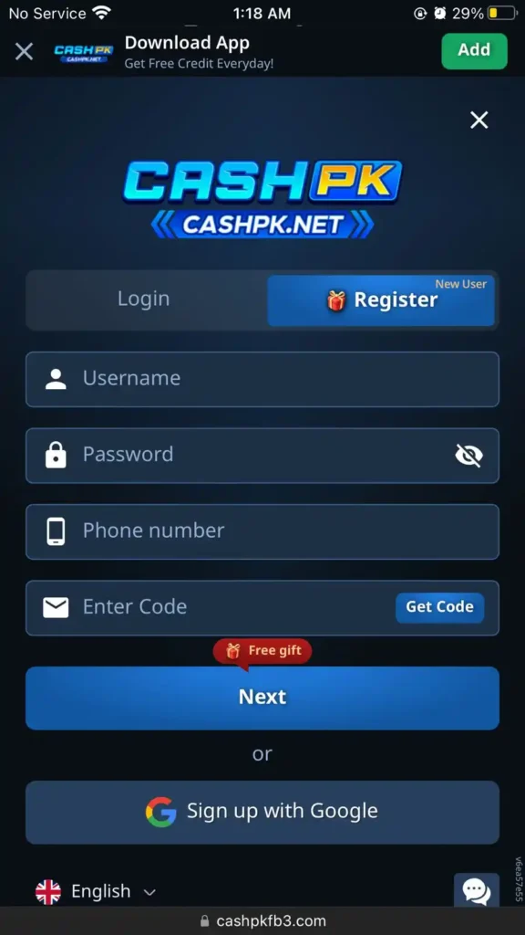 CashPK game registration screen showing signup form with username, password, and phone number fields