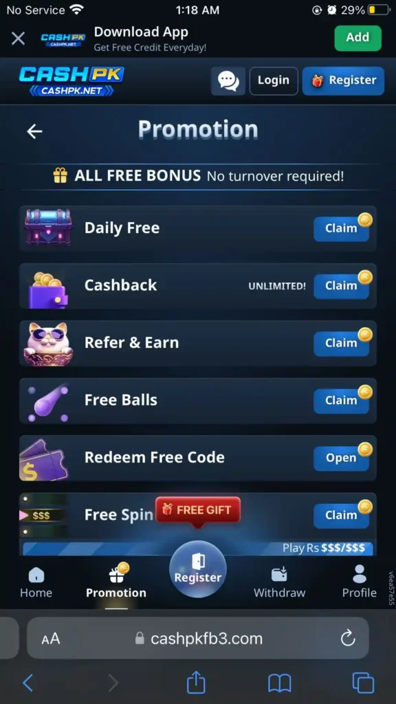 CashPK game rewards system showing daily bonus, cashback, refer and earn, and free spin options