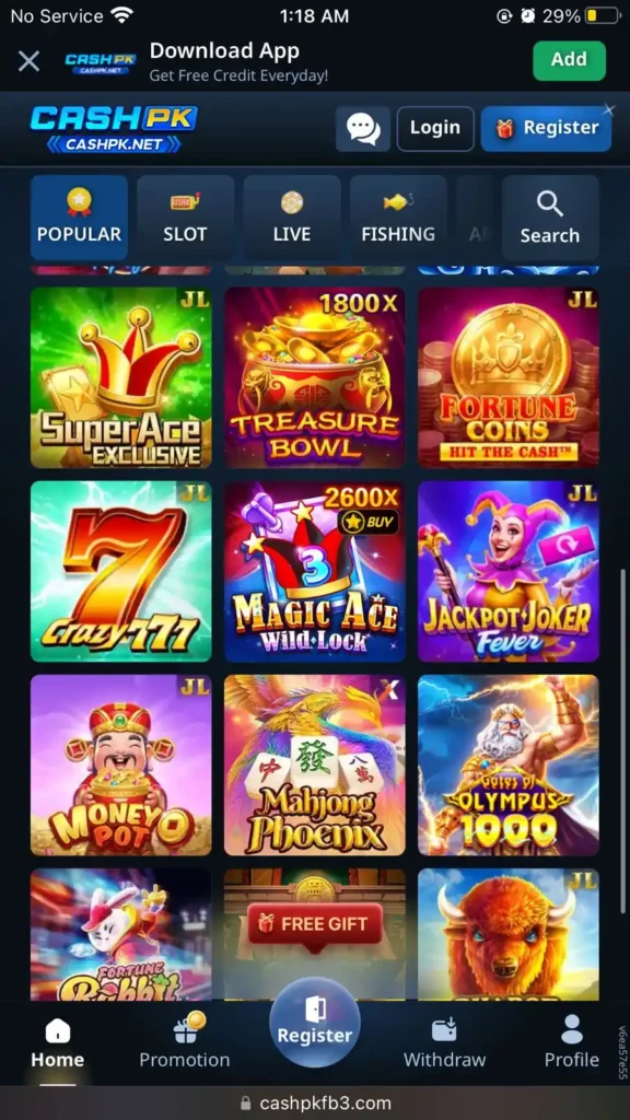 CashPK game earning proof showing dashboard with slot games and reward options during real testing
