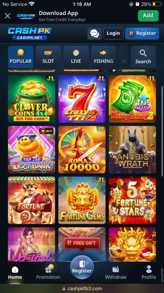 CashPK game interface showing earning dashboard with slots, games, and reward options