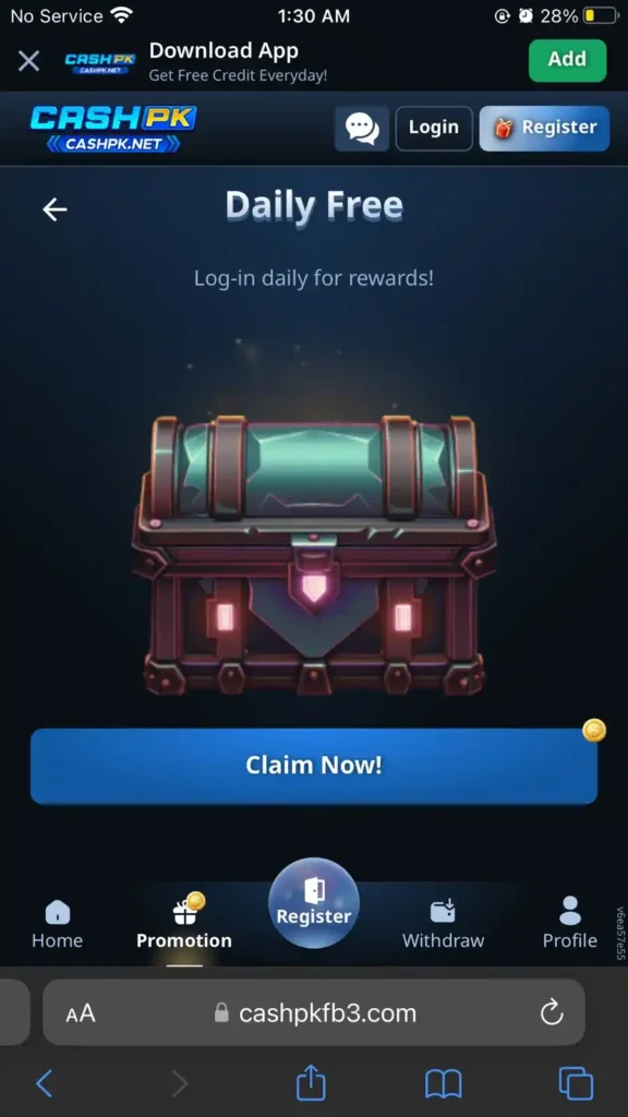 CashPK daily bonus reward screen showing free reward chest and claim option in the app