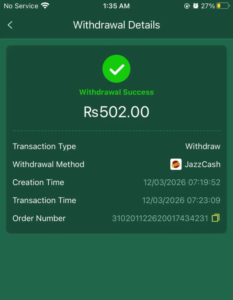 CashPK withdrawal proof showing Rs 502 successful payment via JazzCash with transaction details