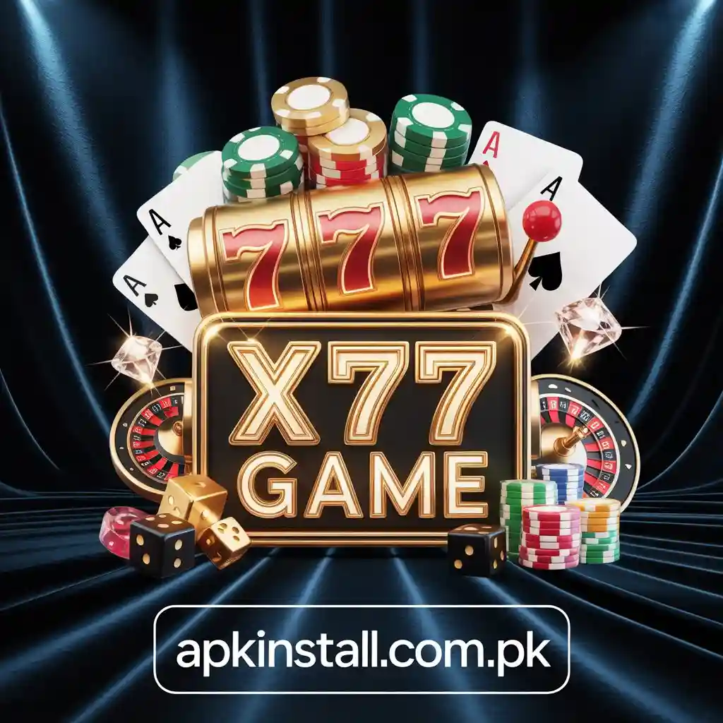 X777 game casino style banner with slot machine 777, poker cards, chips and earning app concept in Pakistan