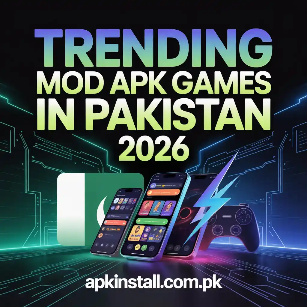 Trending Mod APK games in Pakistan 2026 with Android smartphones, gaming controller and APK gaming apps