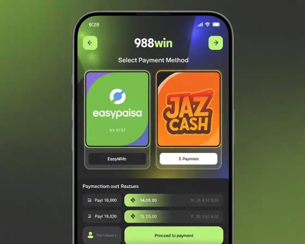 988Win Game payment method screen showing Easypaisa and JazzCash deposit and withdrawal options