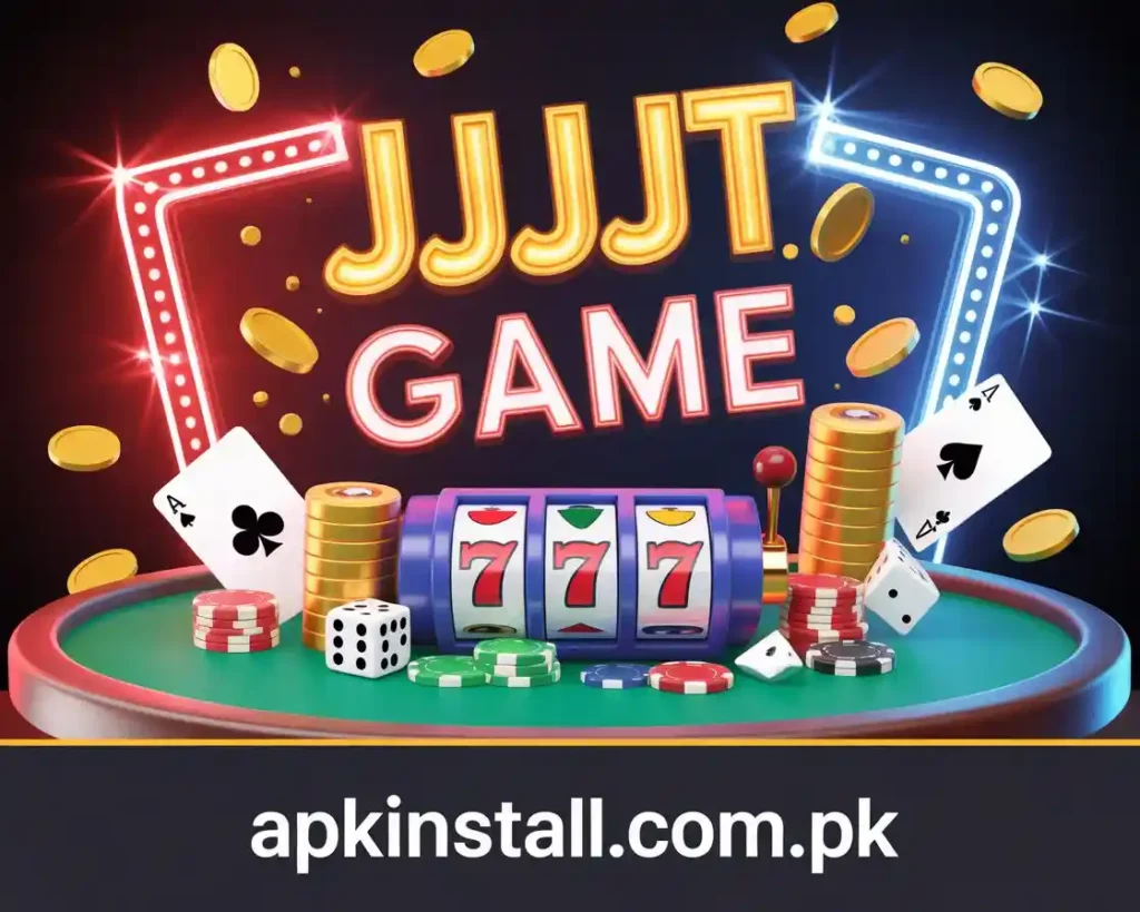 JJJT Game APK casino interface with 777 slot machine, cards, dice, and coins for real money earning app in Pakistan