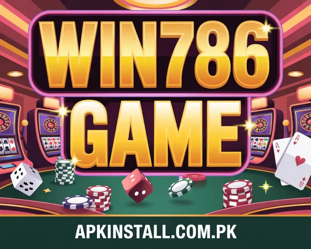 Win786 Game download APK banner showing casino style games, cards, dice and earning app concept for Android users