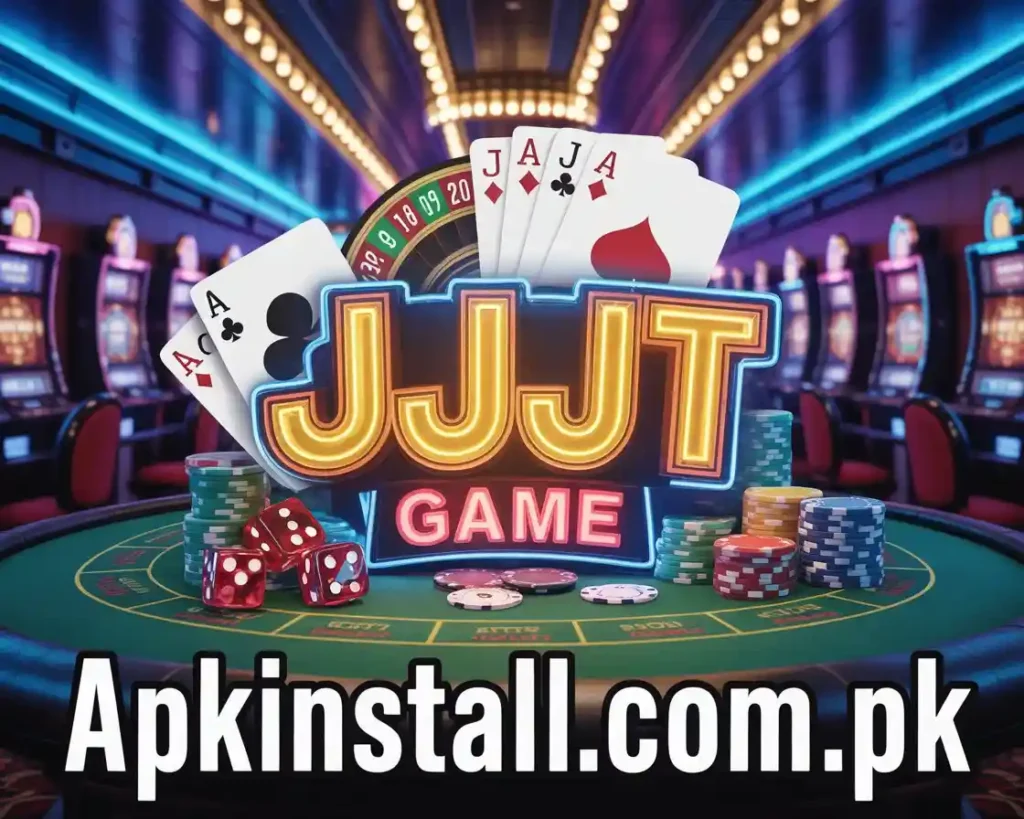 JJJT Game APK interface showing casino-style cards, dice, and slot machines for real money gaming in Pakistan