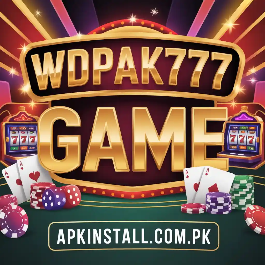 WDPAK777 Game casino style interface with slots cards chips and APK download platform branding