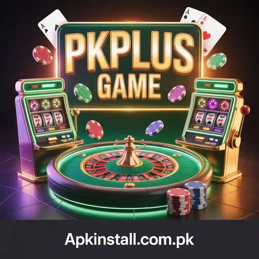 PKPlus Game APK casino banner showing slot machine, poker cards and gaming interface in Pakistan