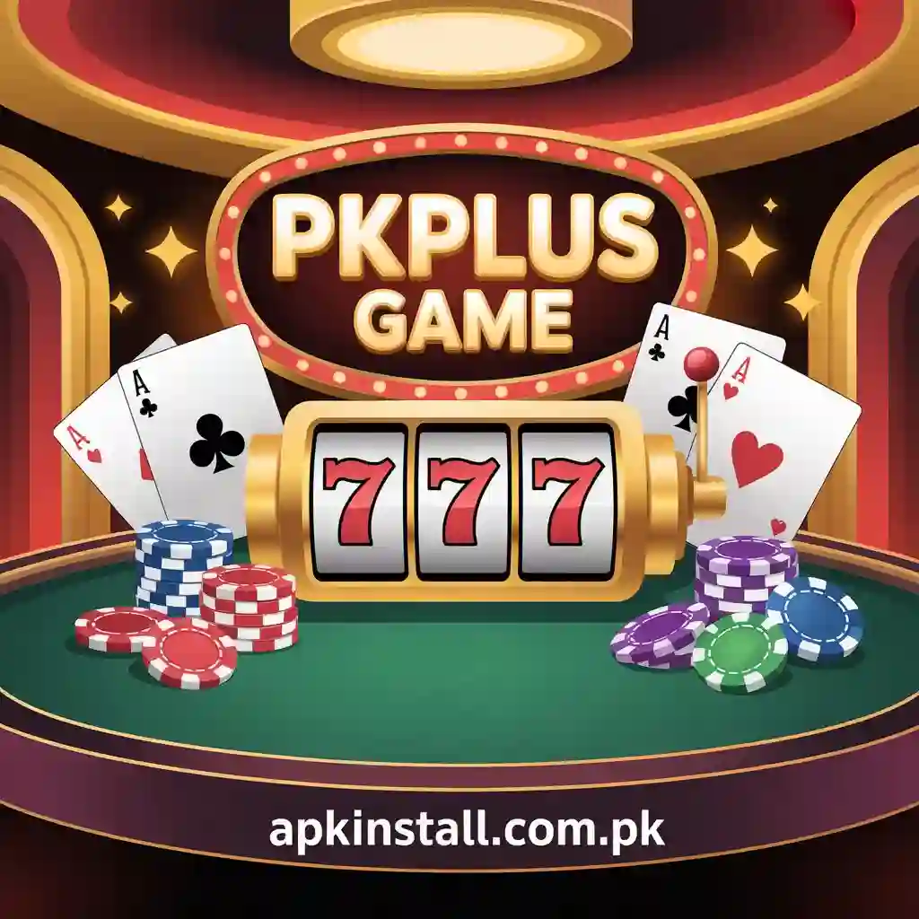 PKPlus Game APK casino interface with roulette table, slot machines, poker chips and cards in Pakistan