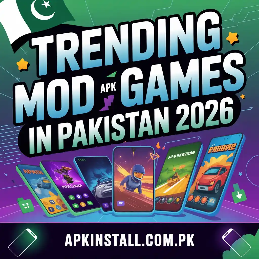 Trending Mod APK games in Pakistan 2026 banner showing Android gaming apps and APKInstall site