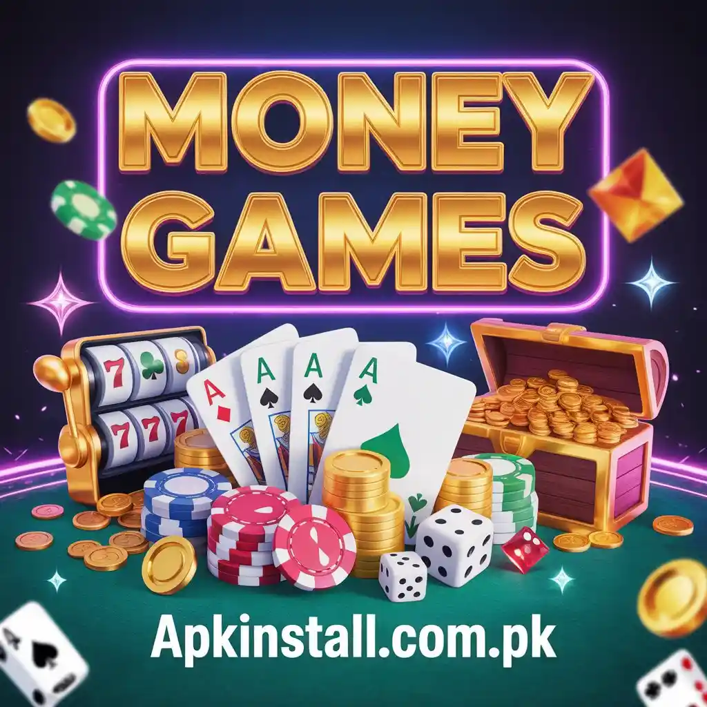 Money games in Pakistan 2026 showing real earning APK games, casino style apps, coins, cards and betting elements