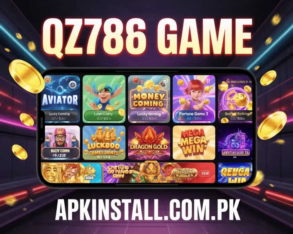 QZ786 Game mobile interface showing Aviator, Money Coming, Fortune Gems 3, Dragon Gold, Mega Win and slot games