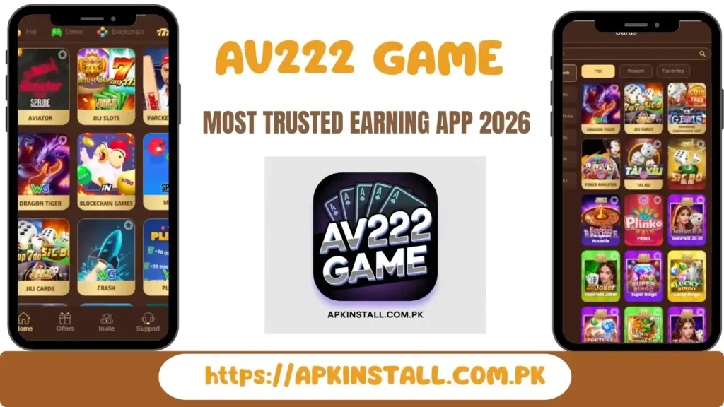 AV222 Game app interface showing multiple casino style games and earning platform on mobile in Pakistan 2026