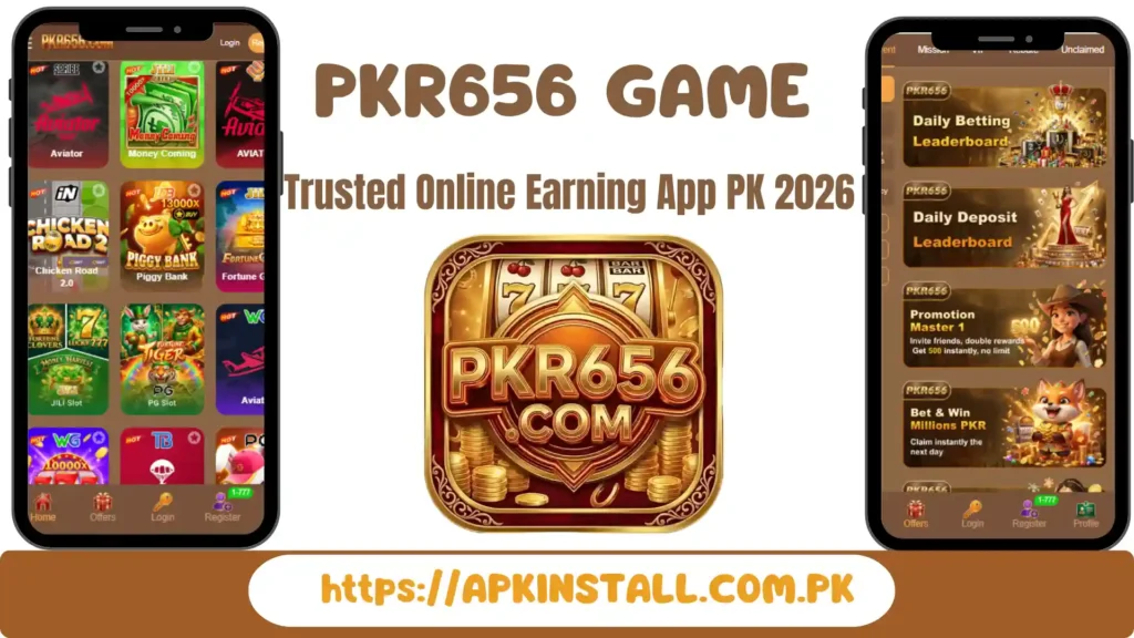 PKR656 Game app interface showing earning games, dashboard, and features – APK download Pakistan 2026