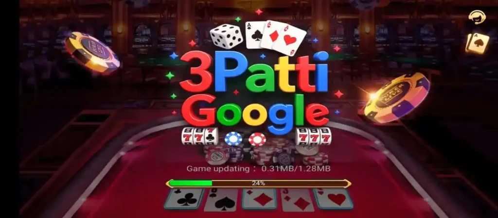3 Patti Google game loading screen with cards chips and casino interface APK Pakistan