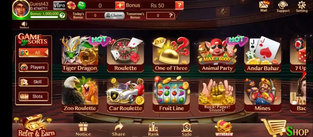 Teen Patti game lobby dashboard showing multiple games like roulette andar bahar slots and casino interface APK Pakistan