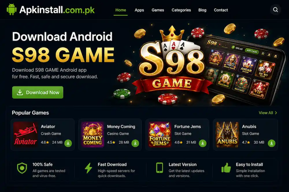 S98 Game APK download homepage showing Android earning games, casino games, fast download features, and secure JazzCash support in Pakistan
