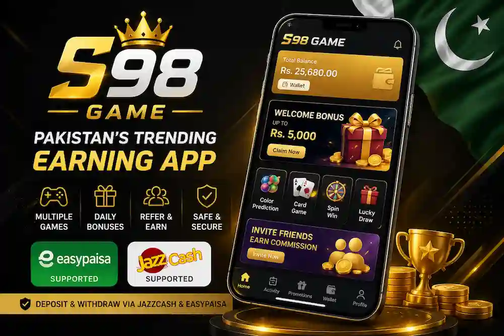 S98 Game APK download banner showing Pakistan earning app with JazzCash and Easypaisa support on Android in 2026