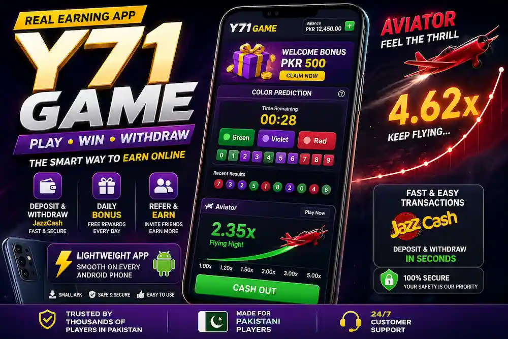 Y71 Game download banner showing Aviator game, color prediction, JazzCash withdrawal and real earning app features in Pakistan 2026