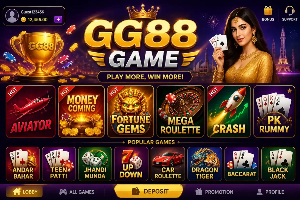 Gg88 Game latest version lobby interface showing Aviator, Money Coming, Fortune Gems, PK Rummy and popular mobile games