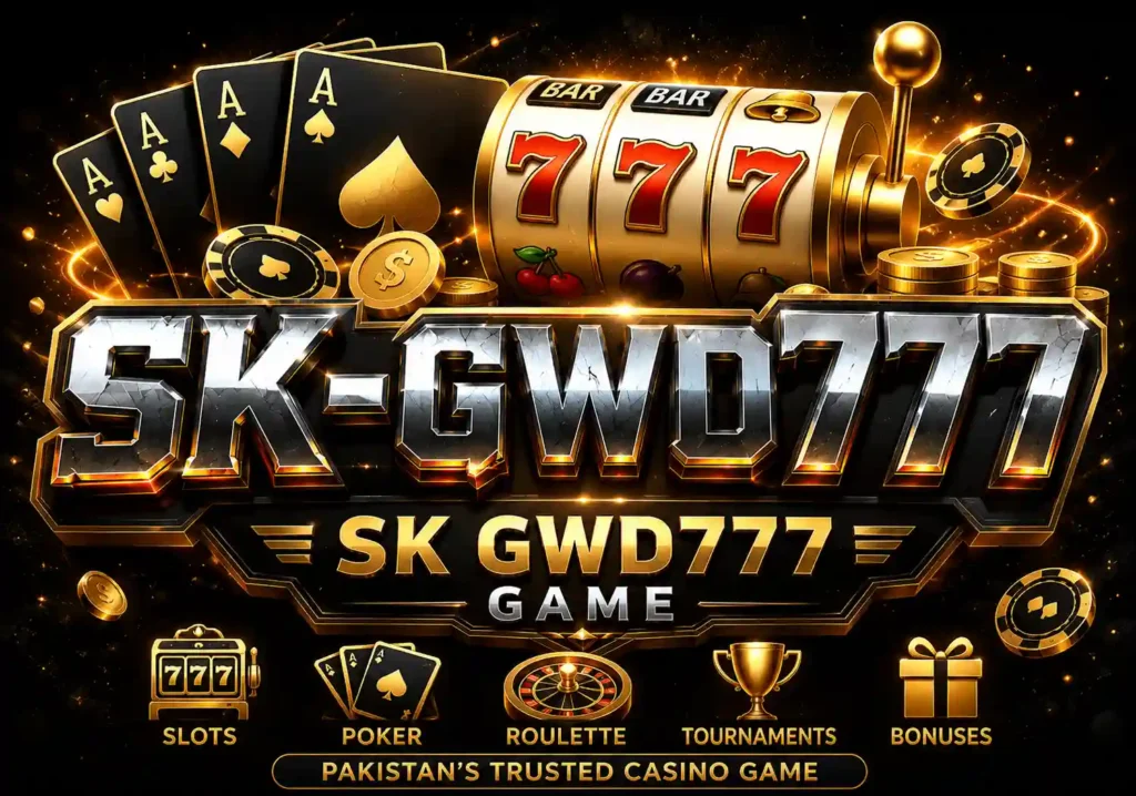 SK GWD777 Game casino logo featuring slot machine reels, poker cards, casino chips, coins, roulette, and gaming rewards for players in Pakistan