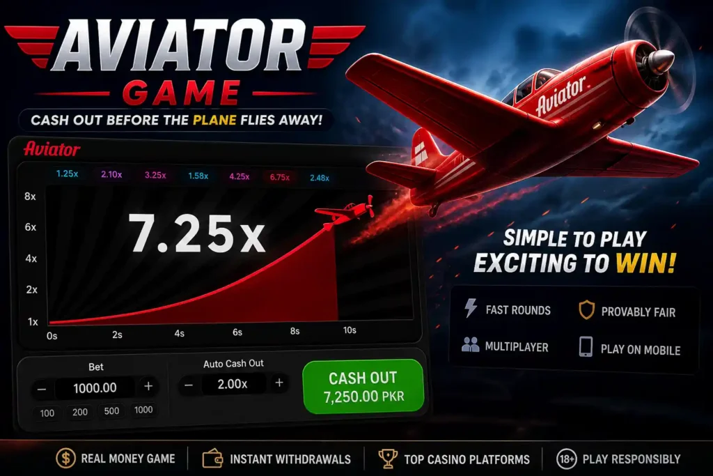 Aviator game real money crash game showing airplane multiplier graph and cash out feature for players in Pakistan