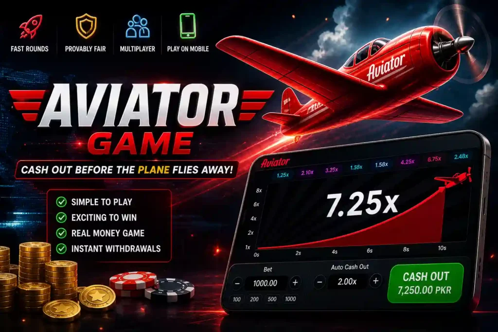 Aviator game banner showing multiplier graph, airplane, and real money gameplay with cash out feature in Pakistan