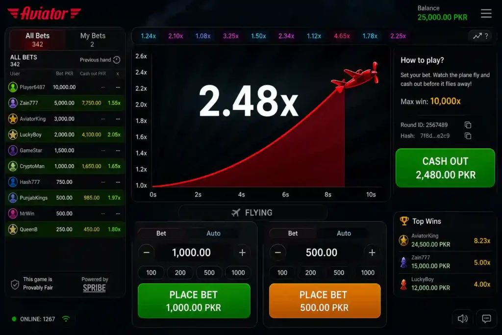 Aviator game betting interface showing multiplier graph, player bets, and cash out option for real money gameplay in Pakistan