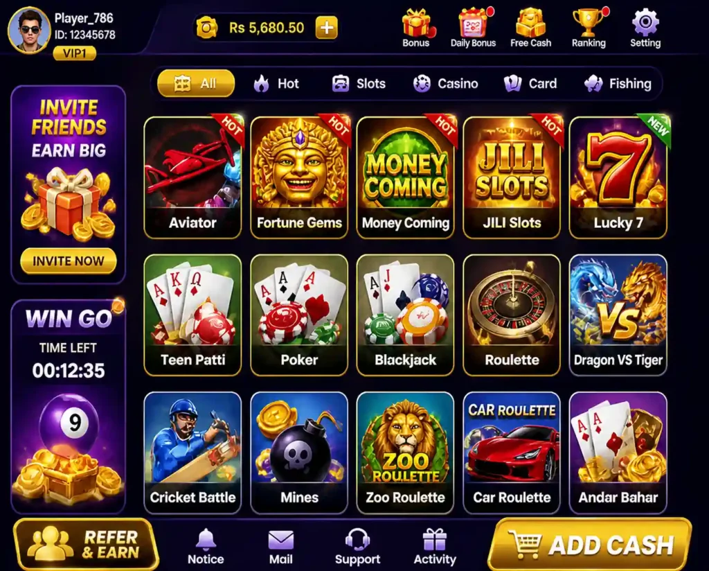 HHBB Game lobby interface showing Aviator, Money Coming, Fortune Gems, Teen Patti and casino games with balance, bonus and referral options