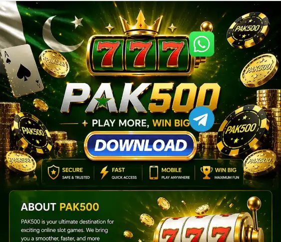 Pak500 Game interface showing slot games coins download option earning app overview