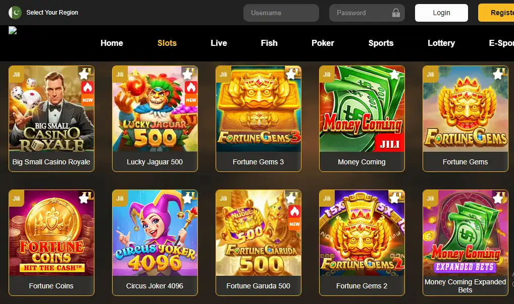 90Jili Game Pakistan slots interface showing casino games like Lucky Jaguar 500, Fortune Gems, and Money Coming with mobile gaming layout