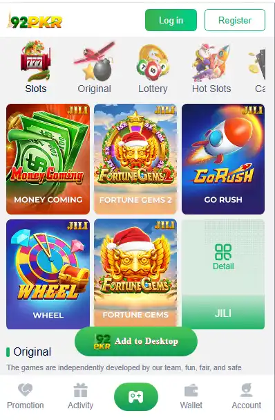 92 PKR GAME dashboard showing slots and lottery games with 92PKR login interface in Pakistan