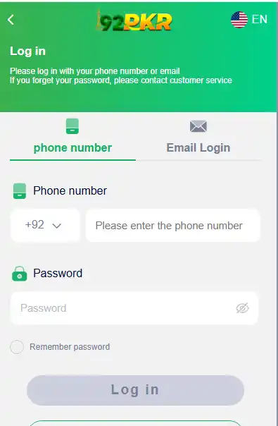 92PKR GAME LOGIN screen with phone number and password entry for Pakistan users