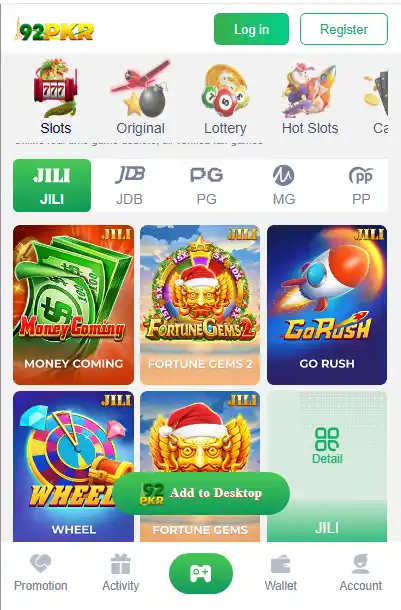 92 PKR GAME DOWNLOAD APK dashboard showing slots lottery and earning games in Pakistan