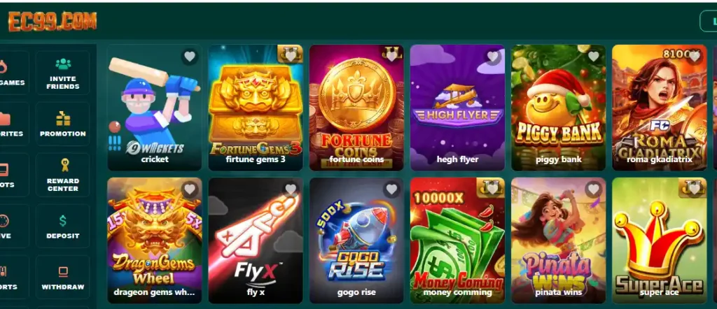 EC99 Game dashboard showing slot games, rewards, deposit, and withdrawal options for Android users in Pakistan
