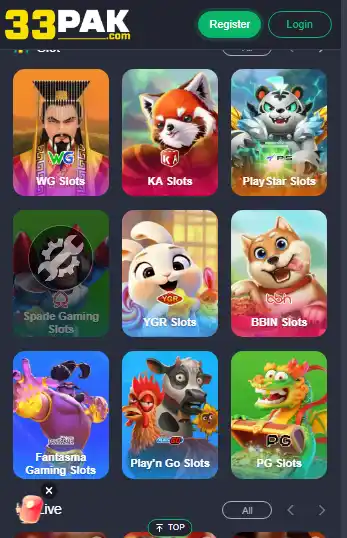 33Pak Game slots section featuring WG Slots, KA Slots, PlayStar Slots, PG Slots, and casino gaming providers