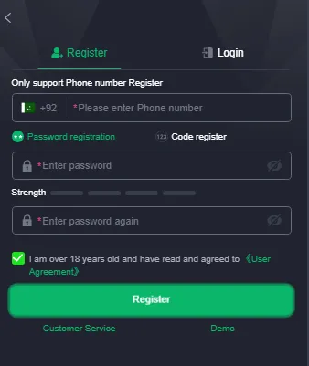 33Pak Game registration page with phone number signup, password creation, and account registration form